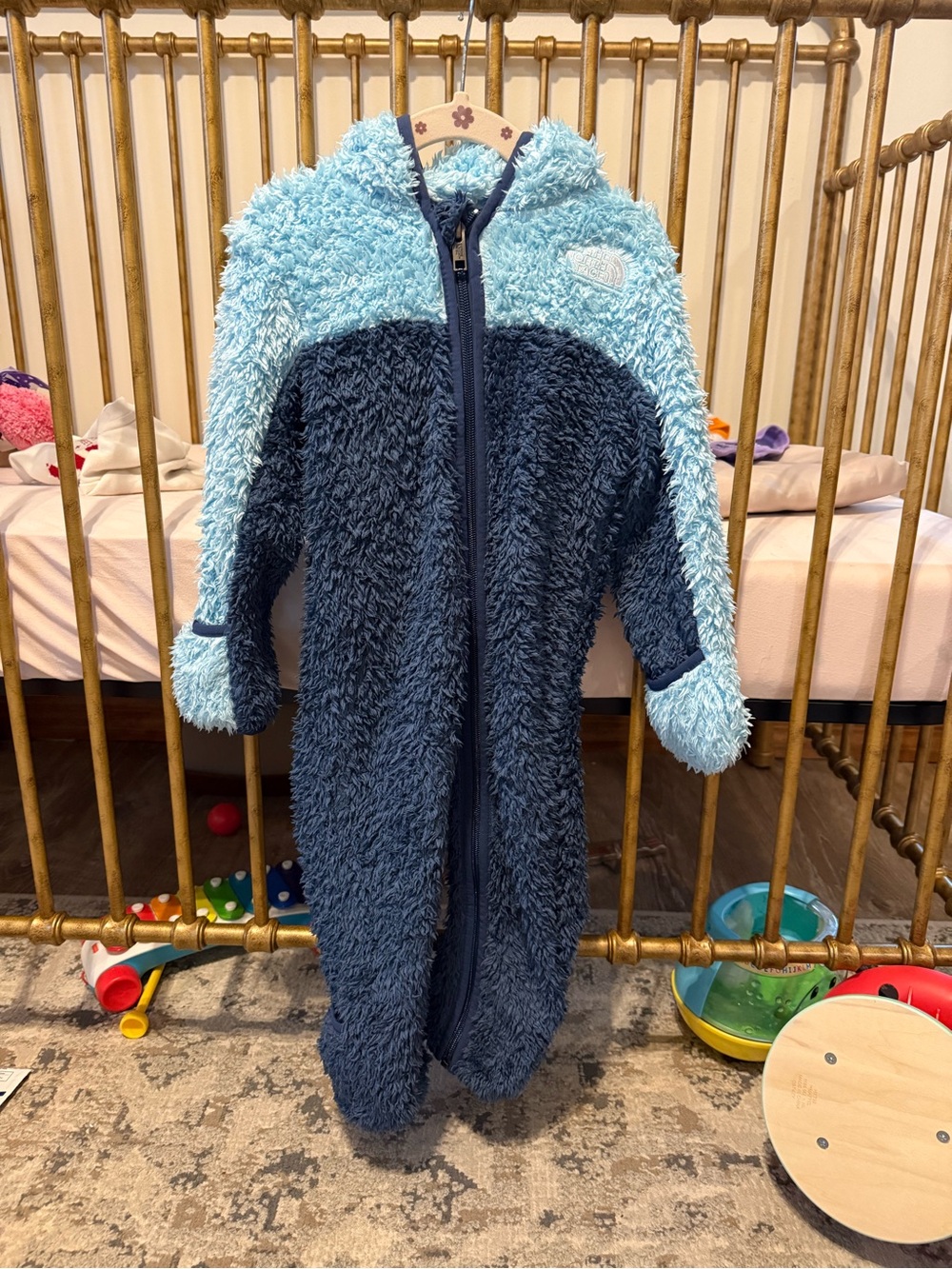 The North Face Baby Fuzzy Hooded Jumpsuit — Light Blue & Navy